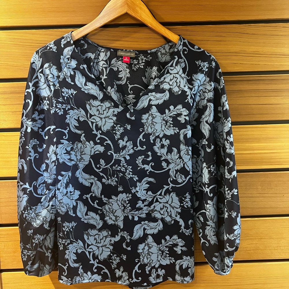 Vince Camuto Navy and Sky Blue Silky Floral Blouse with Puff Sleeves